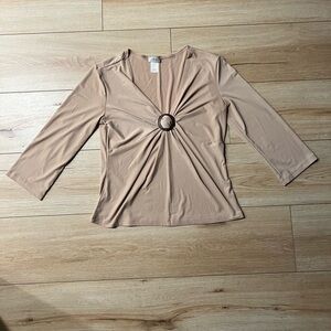 Y2K - Beige/Tan Long Sleeve with Twisted Round Ring Ruched V Neck